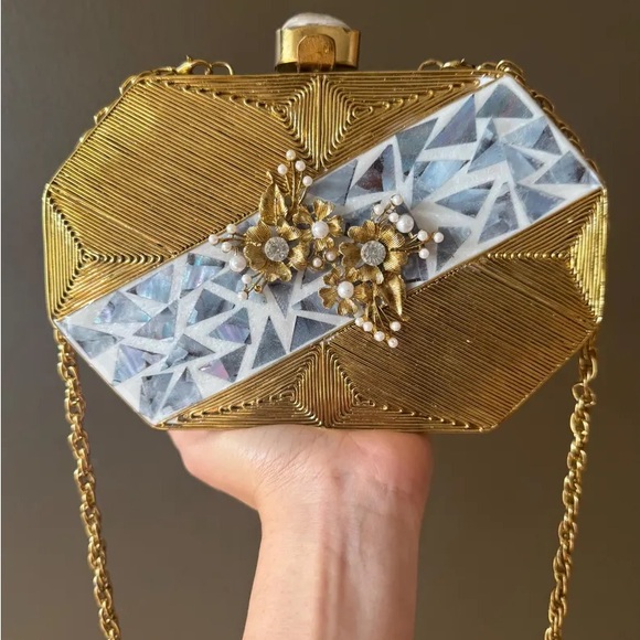 Gold and White Geometric Clutch